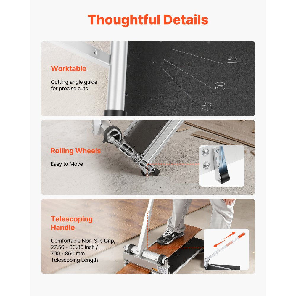 VEVOR 13 inch Vinyl Floor Cutter, 12mm Thick Laminate Flooring Cutter with 15°/30°/45° Adjustable Angle Settings, Flexible Wheels, Telescoping Handle, Certain Engineered Wood, LVT, VCT, SPC, LVP, WPC