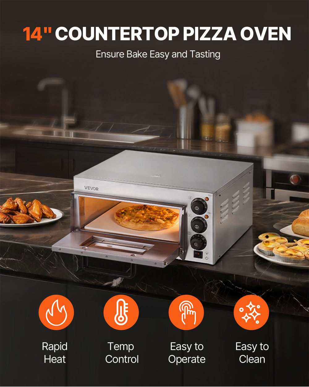 VEVOR Commercial Pizza Oven Countertop, 14-Inch Single Deck Layer, Stainless Steel Electric Pizza Oven with Stone and Handle, Multipurpose Indoor Pizza Maker for Restaurant Home Pretzels Baked
