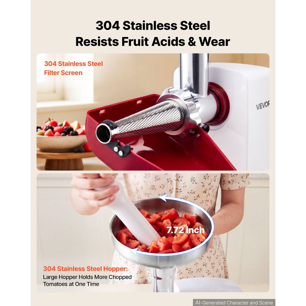 VEVOR Electric Tomato Strainer 800W Max (Rated Power: 300W) Sauce Maker, 88 lbs/H For Purees, Strawberry, Salsa, Stainless Steel Tomato Food Mill Press Machine, 1mm, 1.5mm, 3mm & 6mm Screens, White