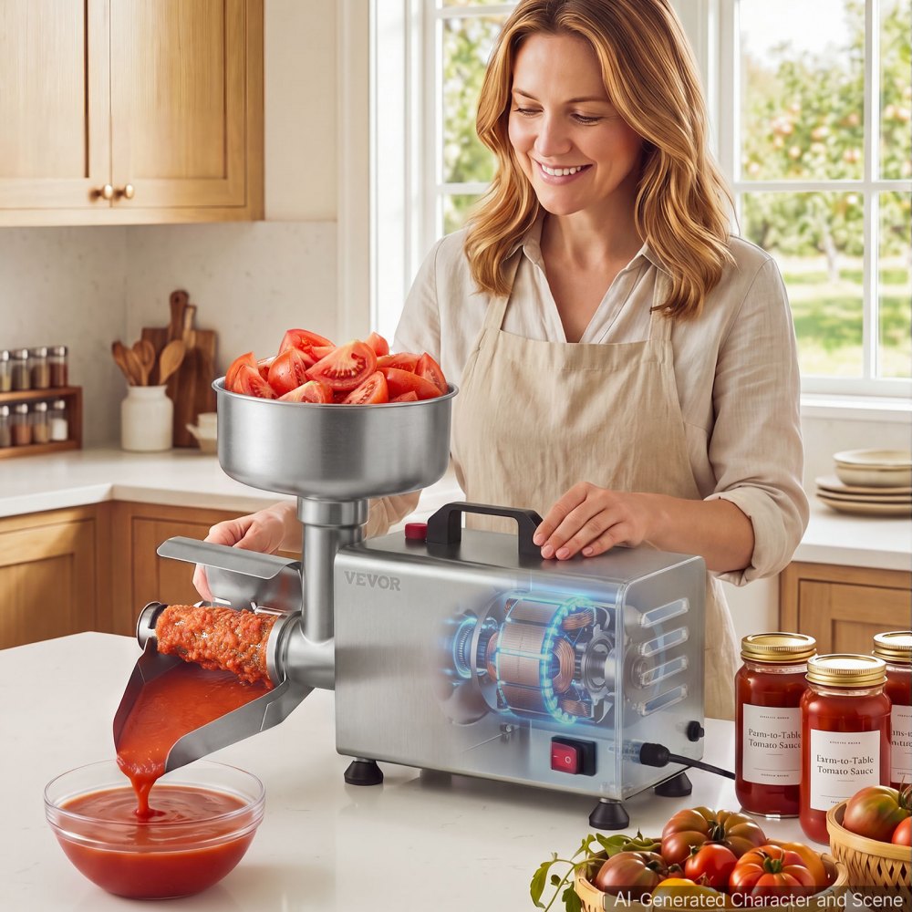 VEVOR Electric Tomato Strainer 250W Food Mill and Sauce Maker 200 lbs/H, Commercial Grade For Apple Sauce, Strawberry and Blueberry Jam, Stainless Steel Tomato Milling Press Machine, Large Hopper