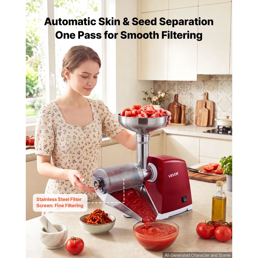 VEVOR Electric Tomato Strainer 800W Max (Rated Power: 300W) Sauce Maker, 88 lbs/H For Purees, Strawberry, Salsa, Stainless Steel Tomato Food Mill Press Machine, 1mm, 1.5mm, 3mm & 6mm Screens, Red