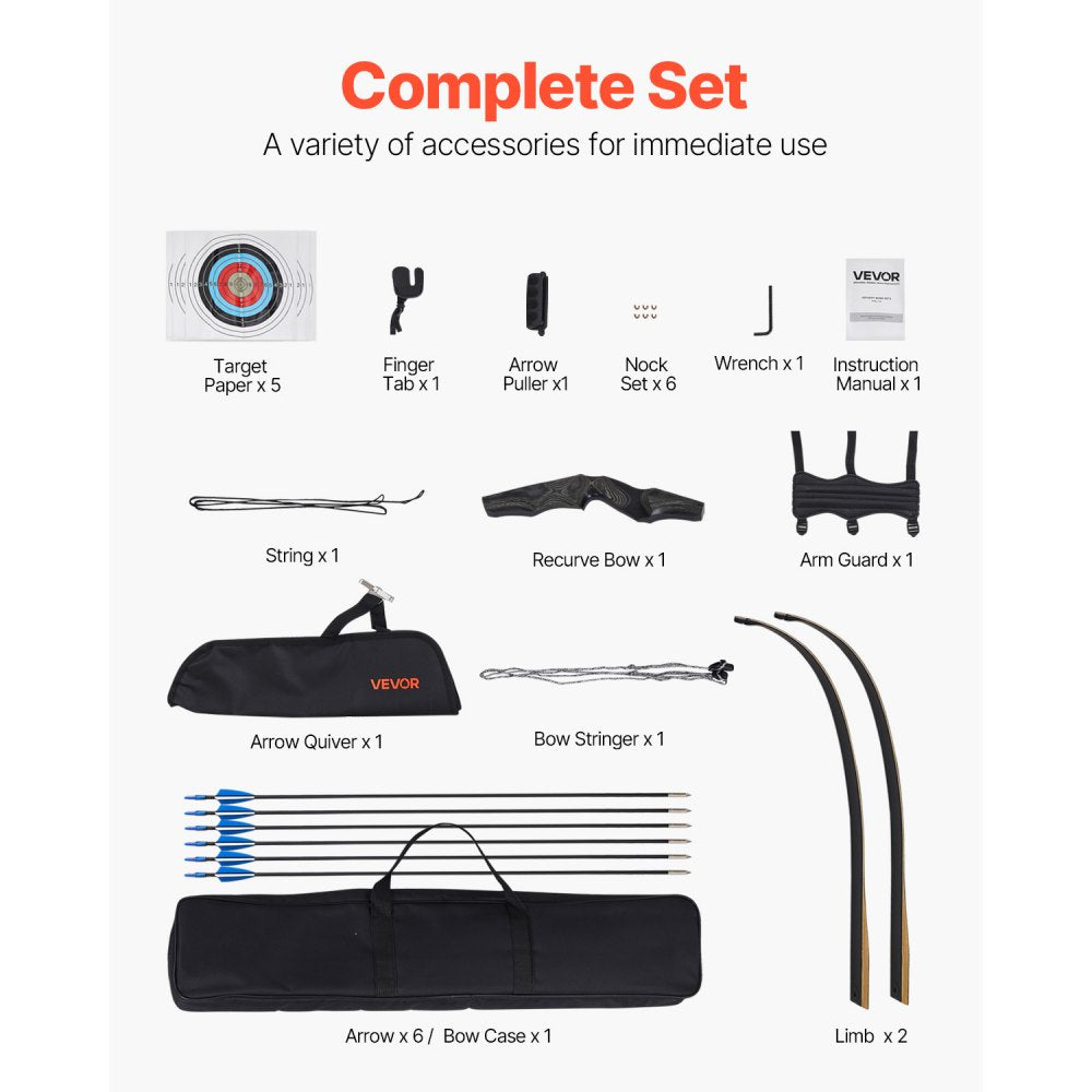 VEVOR Recurve Bow and Arrows Kit, 60 inch Wooden Takedown Bows, Right Handed Ergonomic Archery Recurve Bow Package, Longbow for Outdoor Target Training Practice Hunting, Beginners to Advanced, 30 lbs