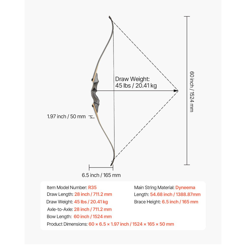 VEVOR Recurve Bow and Arrows Kit, 60 inch Wooden Takedown Bows, Right Handed Ergonomic Archery Recurve Bow Package, Longbow for Outdoor Target Training Practice Hunting, Beginners to Advanced, 45 lbs