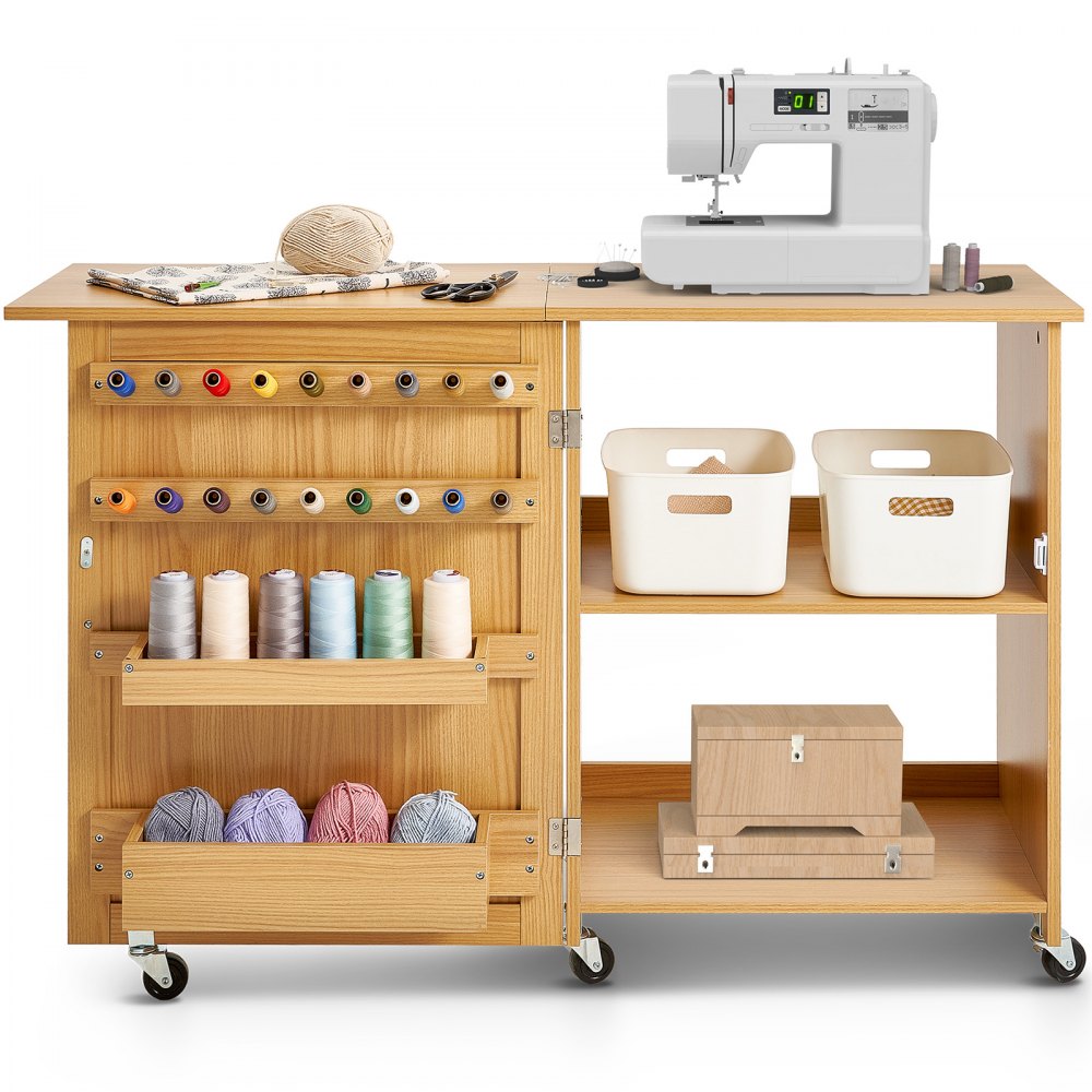 VEVOR Folding Sewing Table, Multipurpose Sewing Machine Table with Compact Design, Wheels, Shelves, Storage Trays, Wooden Pegs, and Magnetic Doors, Sewing Desk Cabinet for Sewing Machine, Wood Color