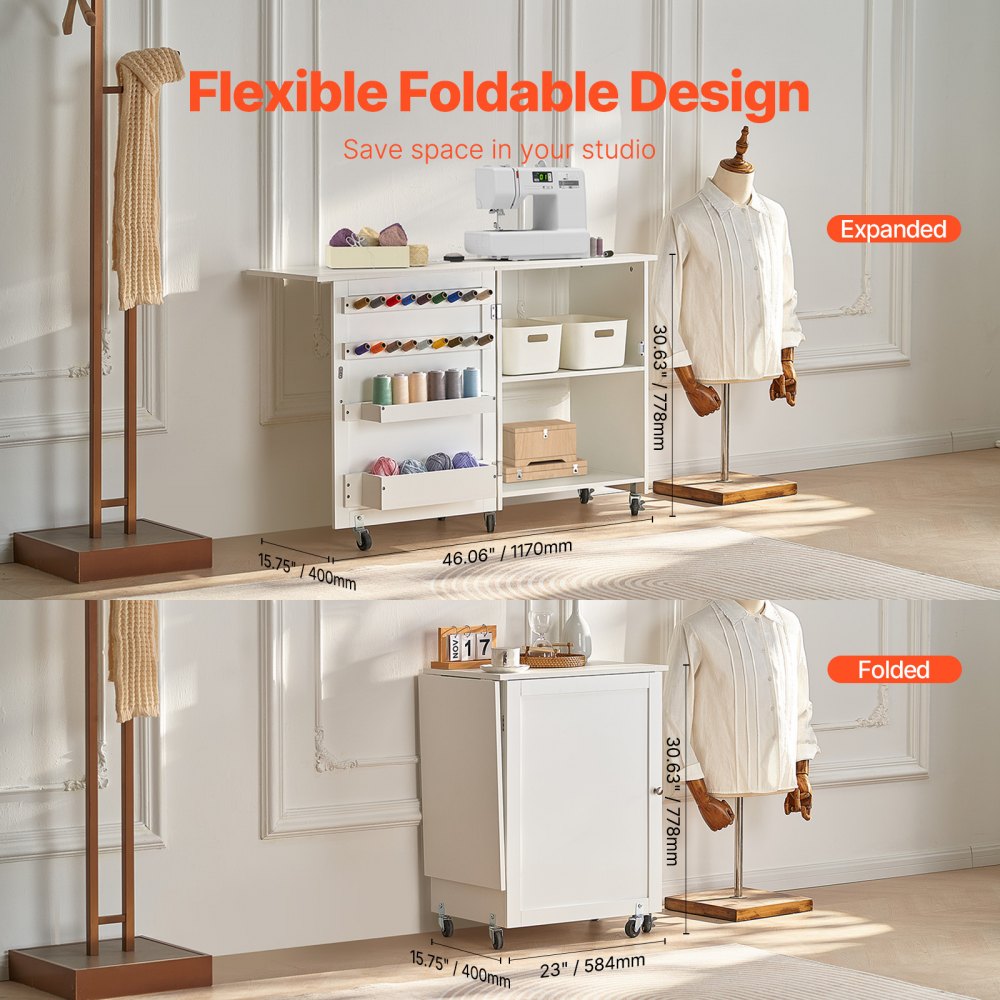 VEVOR Folding Sewing Table, Multipurpose Sewing Machine Table with Compact Design, Wheels, Shelves, Storage Trays, Wooden Pegs, and Magnetic Doors, Sewing Desk Cabinet for Sewing Machine, White