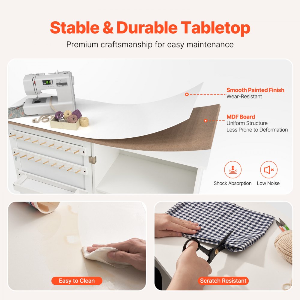 VEVOR Folding Sewing Table, Multipurpose Sewing Machine Table with Compact Design, Wheels, Shelves, Storage Trays, Wooden Pegs, and Magnetic Doors, Sewing Desk Cabinet for Sewing Machine, White