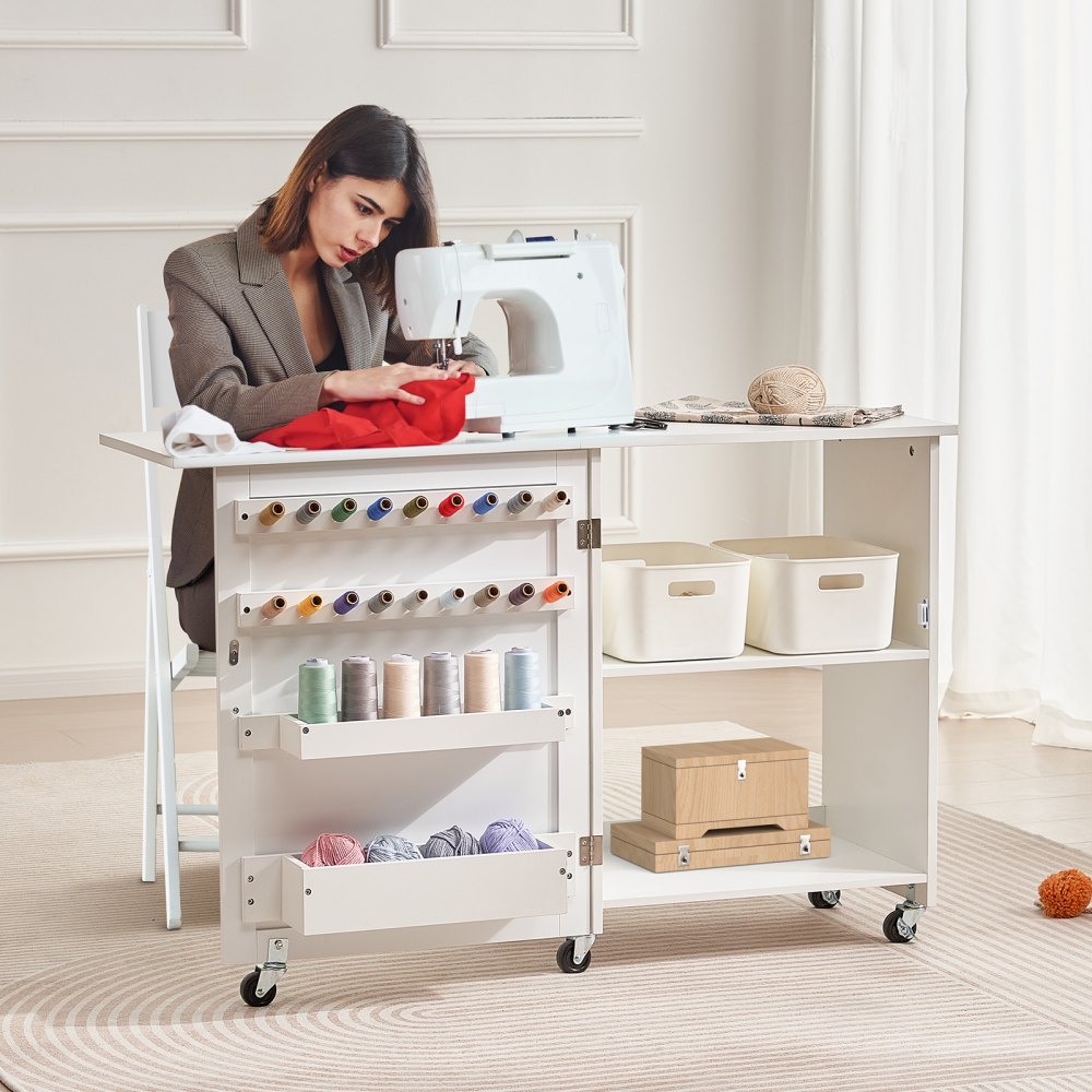 VEVOR Folding Sewing Table, Multipurpose Sewing Machine Table with Compact Design, Wheels, Shelves, Storage Trays, Wooden Pegs, and Magnetic Doors, Sewing Desk Cabinet for Sewing Machine, White