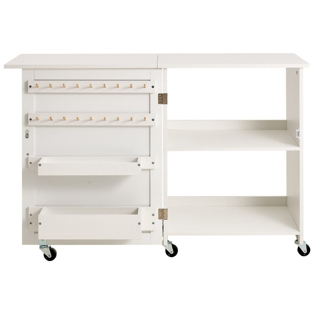 VEVOR Folding Sewing Table, Multipurpose Sewing Machine Table with Compact Design, Wheels, Shelves, Storage Trays, Wooden Pegs, and Magnetic Doors, Sewing Desk Cabinet for Sewing Machine, White