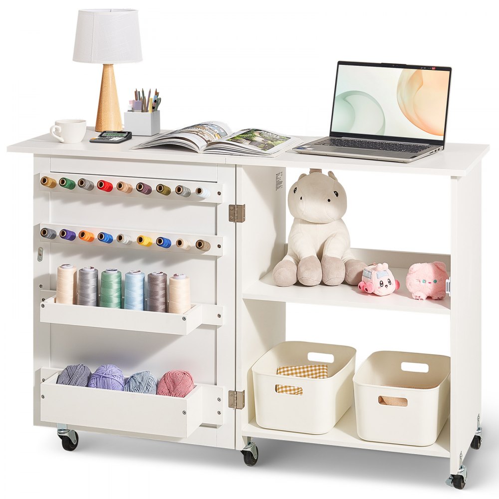 VEVOR Folding Sewing Table, Multipurpose Sewing Machine Table with Compact Design, Wheels, Shelves, Storage Trays, Wooden Pegs, and Magnetic Doors, Sewing Desk Cabinet for Sewing Machine, White
