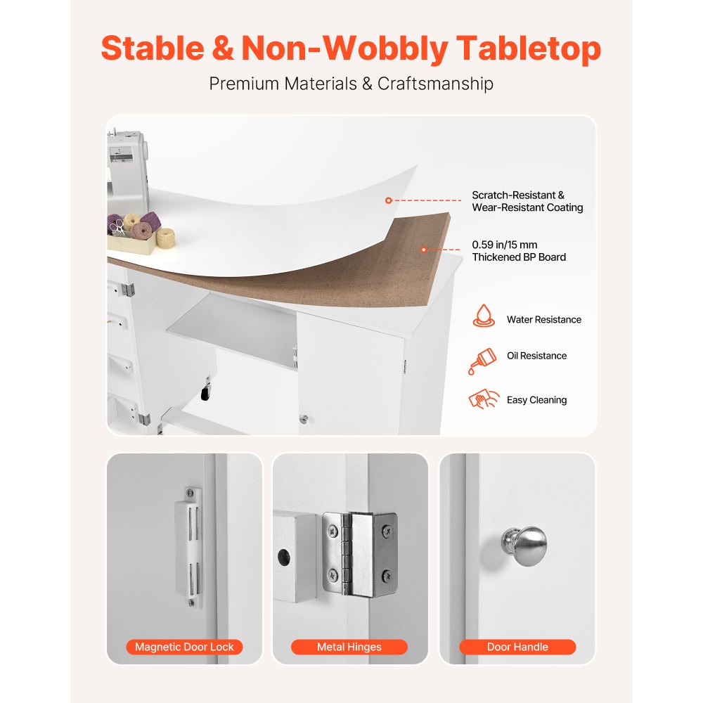 VEVOR Folding Sewing Table, Multipurpose Sewing Machine Table with Cabinet, Compact Design, Wheels, Wooden Pegs, Storage Trays and Shelf, Magnetic Door, Craft Station and Side Desk for Home, White