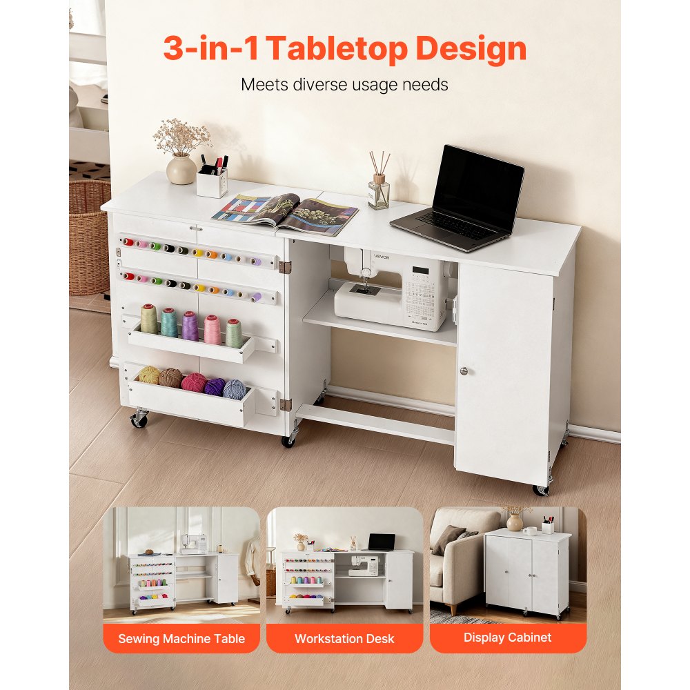 VEVOR Folding Sewing Table, Multipurpose Sewing Machine Table with Cabinet, Compact Design, Wheels, Wooden Pegs, Storage Trays and Shelf, Magnetic Door, Craft Station and Side Desk for Home, White