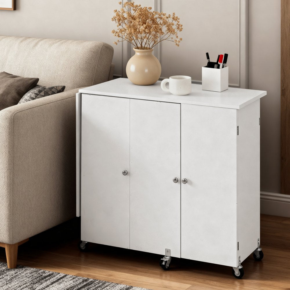 VEVOR Folding Sewing Table, Multipurpose Sewing Machine Table with Cabinet, Compact Design, Wheels, Wooden Pegs, Storage Trays and Shelf, Magnetic Door, Craft Station and Side Desk for Home, White