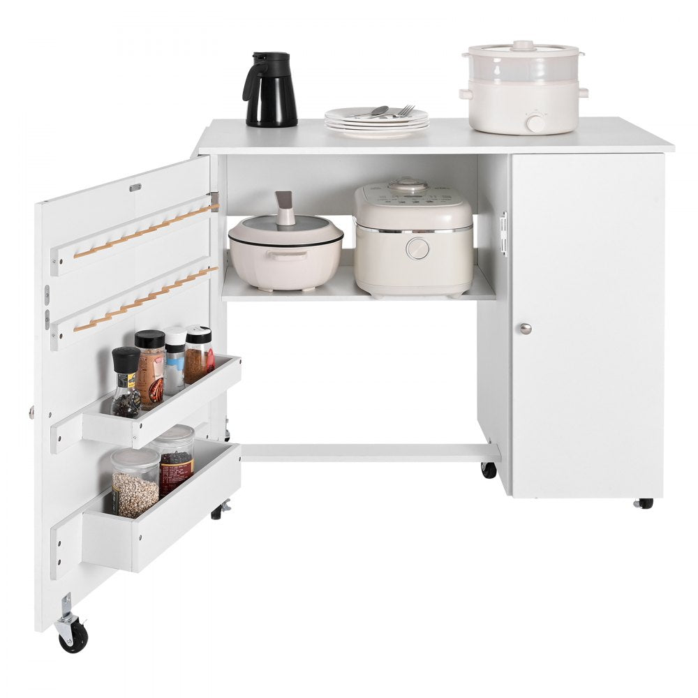 VEVOR Folding Sewing Table, Multipurpose Sewing Machine Table with Cabinet, Compact Design, Wheels, Wooden Pegs, Storage Trays and Shelf, Magnetic Door, Craft Station and Side Desk for Home, White