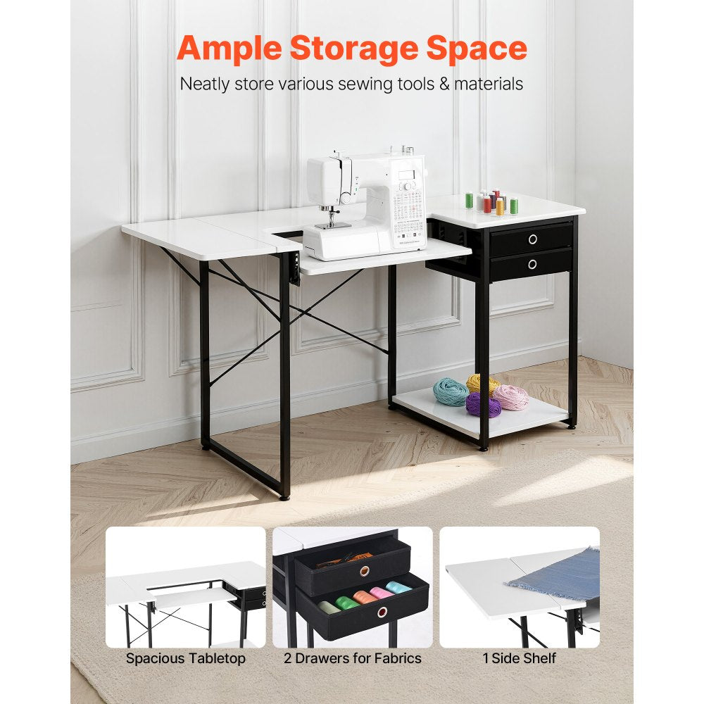 VEVOR Sewing Table, Multipurpose Sewing Machine Table with Drawers, Foldable Side Shelf, Adjustable Shelf, Steel Legs, Computer Desk for Home, Fashion Studio, Art Studio, Educational Institution