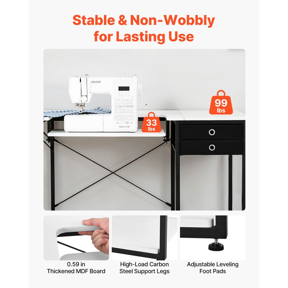 VEVOR Sewing Table, Multipurpose Sewing Machine Table with Drawers, Foldable Side Shelf, Adjustable Shelf, Steel Legs, Computer Desk for Home, Fashion Studio, Art Studio, Educational Institution