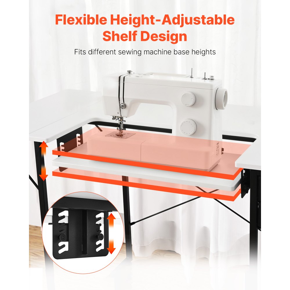 VEVOR Sewing Table, Multipurpose Sewing Machine Table with Foldable Side Shelf, Adjustable Shelf, Steel Legs, Computer Desk for Home, Fashion Studio, Art Studio, Educational Institution, White