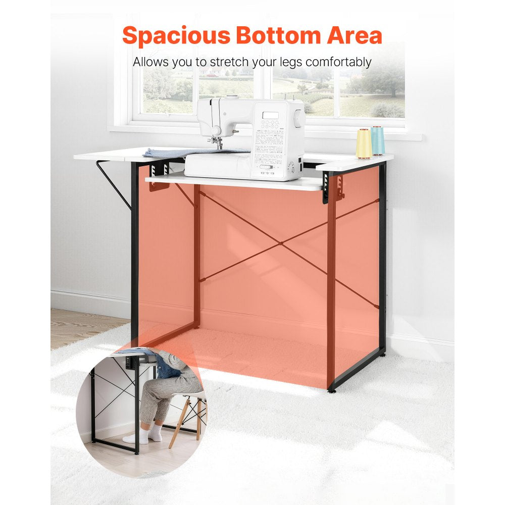 VEVOR Sewing Table, Multipurpose Sewing Machine Table with Foldable Side Shelf, Adjustable Shelf, Steel Legs, Computer Desk for Home, Fashion Studio, Art Studio, Educational Institution, White