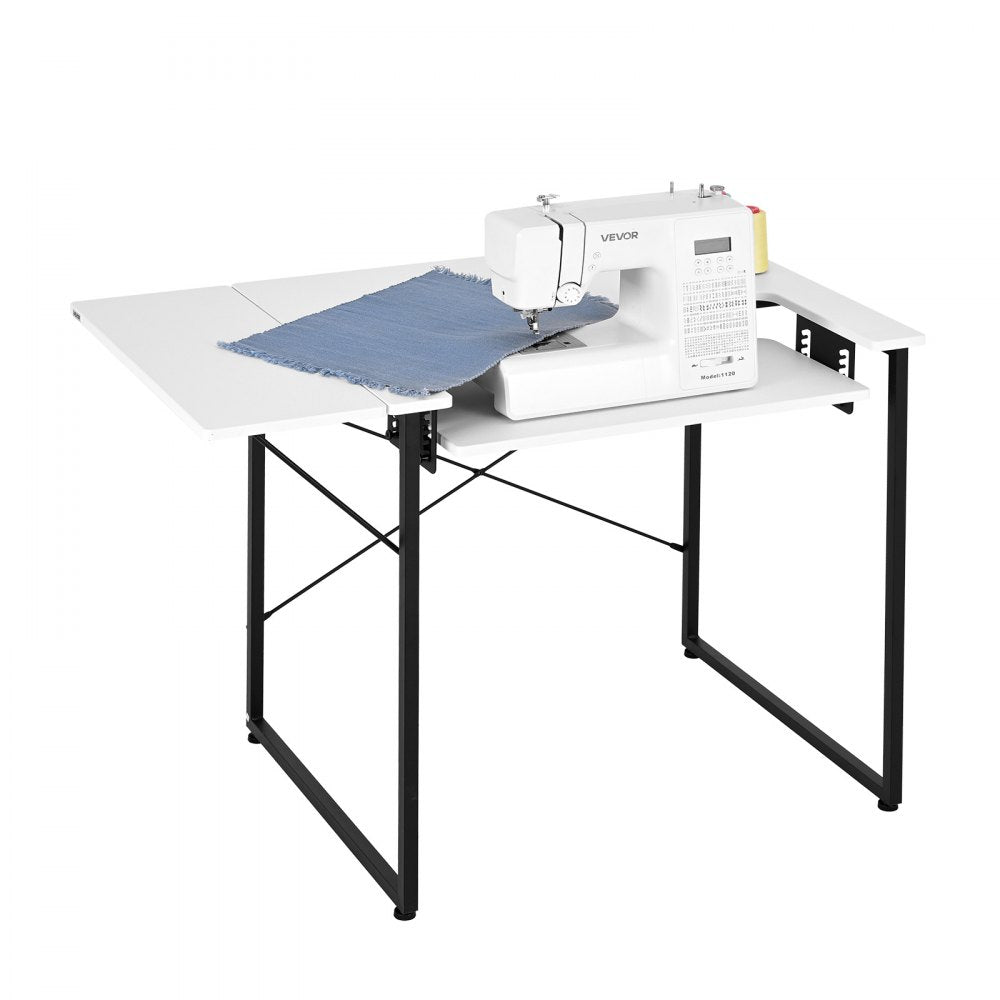 VEVOR Sewing Table, Multipurpose Sewing Machine Table with Foldable Side Shelf, Adjustable Shelf, Steel Legs, Computer Desk for Home, Fashion Studio, Art Studio, Educational Institution, White
