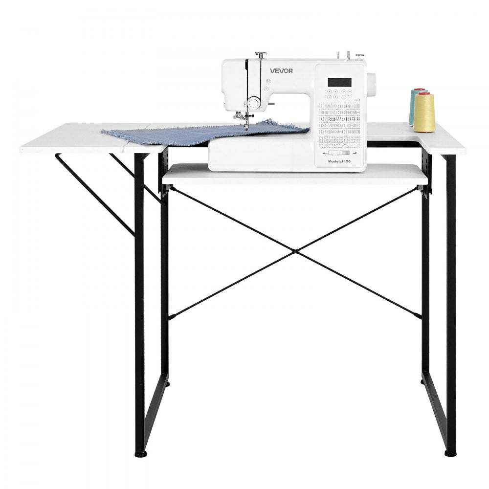 VEVOR Sewing Table, Multipurpose Sewing Machine Table with Foldable Side Shelf, Adjustable Shelf, Steel Legs, Computer Desk for Home, Fashion Studio, Art Studio, Educational Institution, White