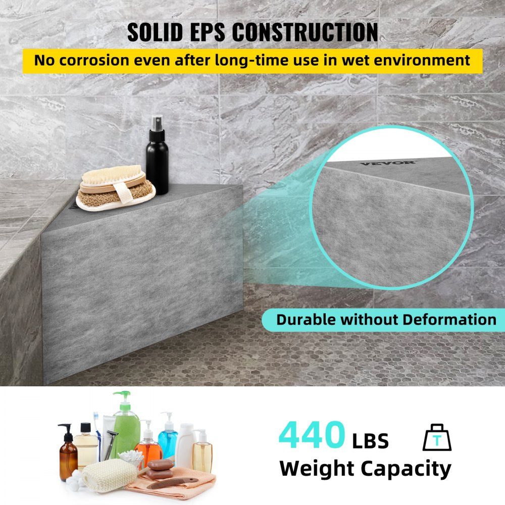 VEVOR Tile Shower Seat, 22.4\" x 16\" x 20\" Ready to Tile Shower Seat, Factory Waterproof & 100% Leak Proof Tileable Shower Corner Seat, 440lbs Load-Bearing Triangular Board Shower Bench, Grey