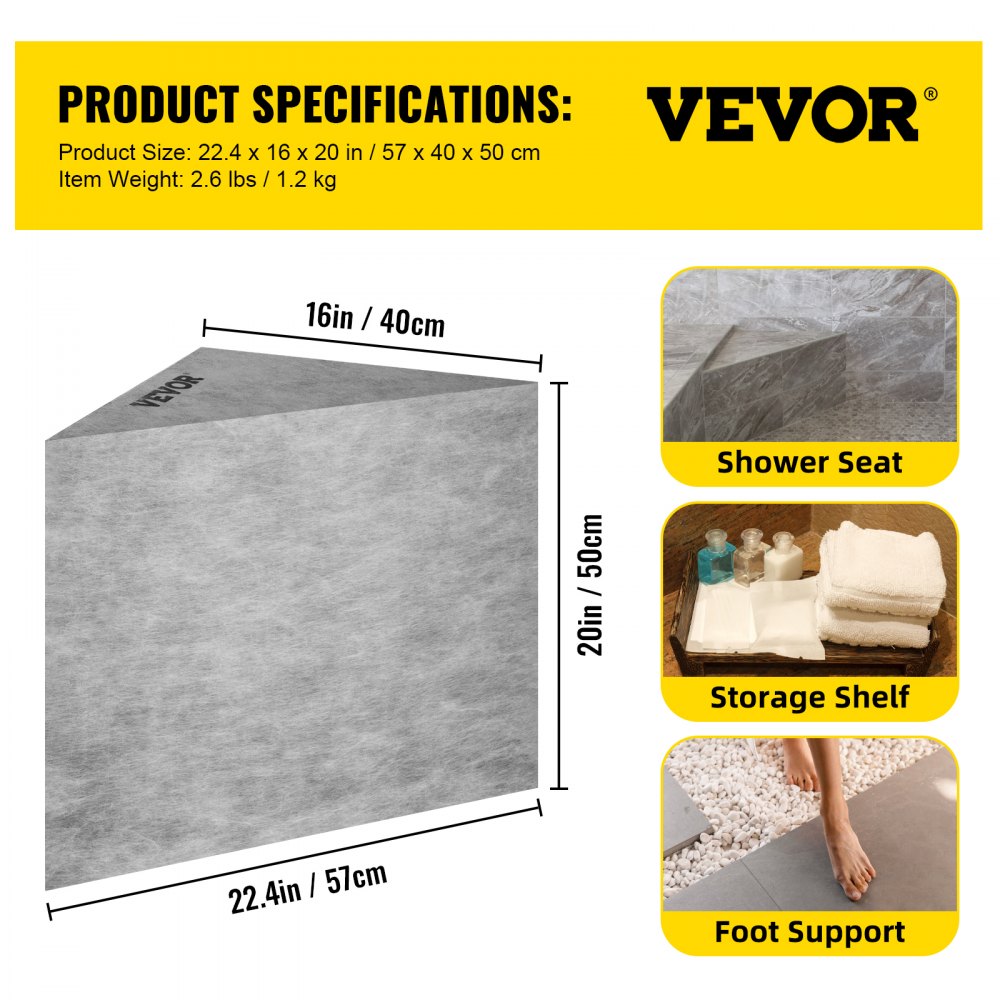 VEVOR Tile Shower Seat, 22.4\" x 16\" x 20\" Ready to Tile Shower Seat, Factory Waterproof & 100% Leak Proof Tileable Shower Corner Seat, 440lbs Load-Bearing Triangular Board Shower Bench, Grey