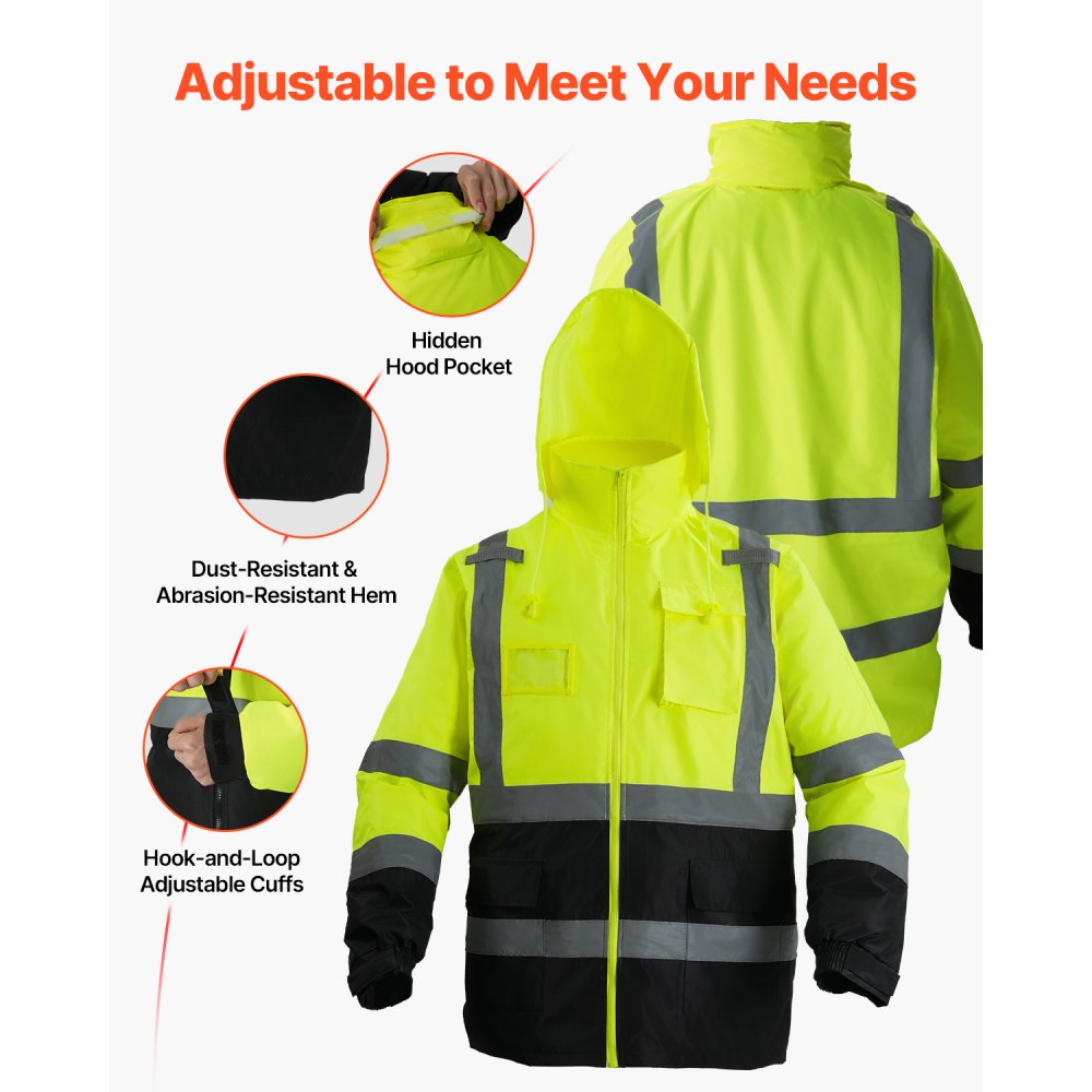 VEVOR High Visibility Reflective Safety Jacket, Waterproof Safety Hoodie, Work Construction Coat with Pockets for Men & Women, Rain Gear Meet ANSI & Class 3, Hi Vis Yellow Coat with Black Bottom, L