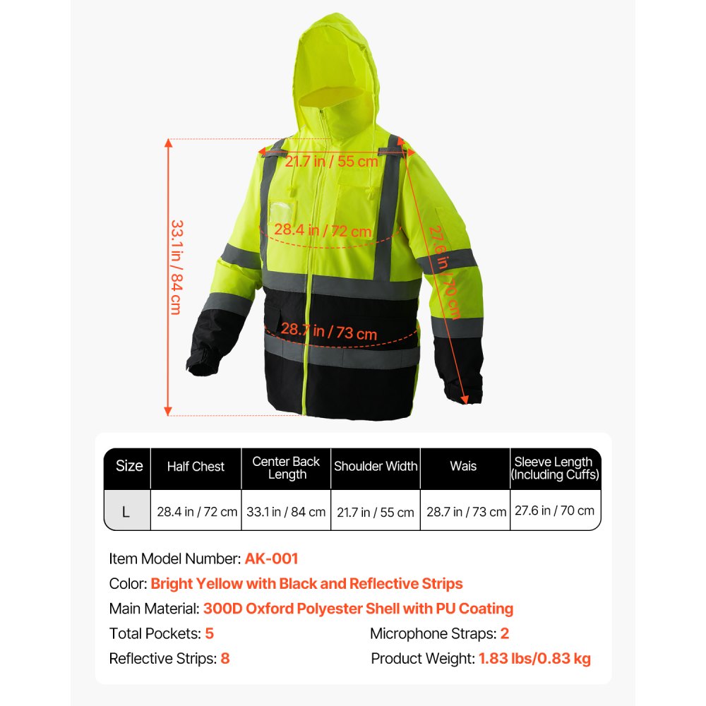 VEVOR High Visibility Reflective Safety Jacket, Waterproof Safety Hoodie, Work Construction Coat with Pockets for Men & Women, Rain Gear Meet ANSI & Class 3, Hi Vis Yellow Coat with Black Bottom, L