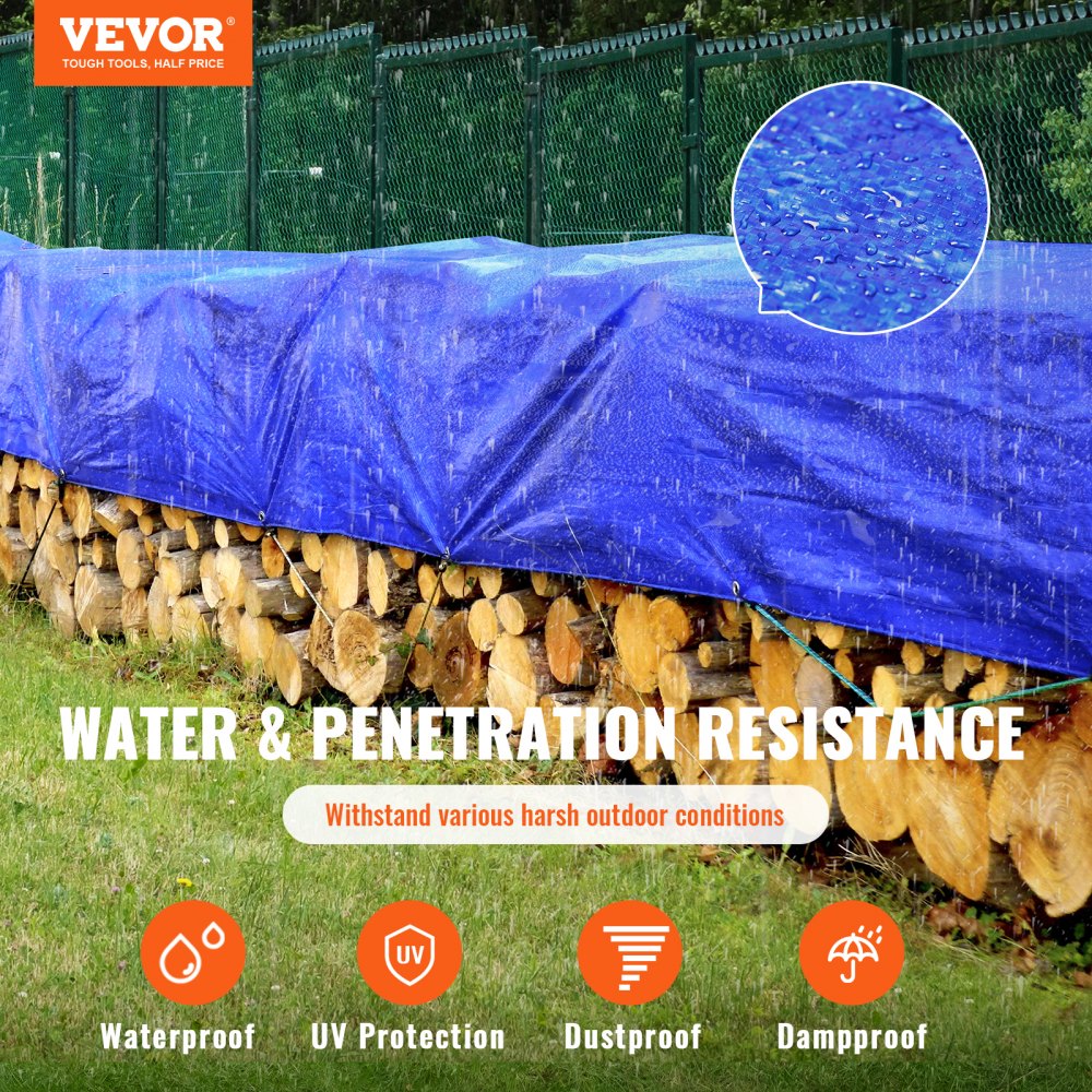 VEVOR Heavy Duty Tarp Waterproof 12x16 ft, Plastic Poly Tarp Cover 5 Mil, Multi Purpose Outdoor Tarpaulin with High Durability Reinforced Grommets and Edges for Truck, RV, Boat, Camping (Blue)