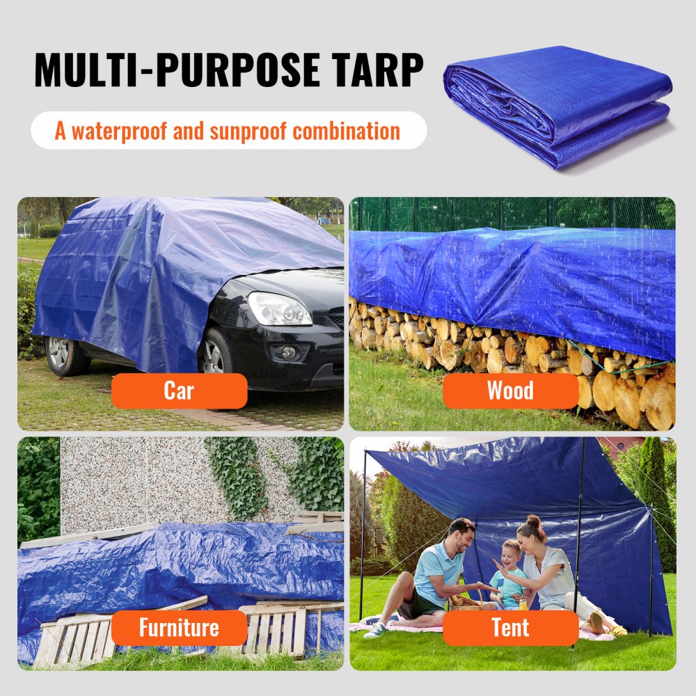 VEVOR Heavy Duty Tarp Waterproof 12x16 ft, Plastic Poly Tarp Cover 5 Mil, Multi Purpose Outdoor Tarpaulin with High Durability Reinforced Grommets and Edges for Truck, RV, Boat, Camping (Blue)