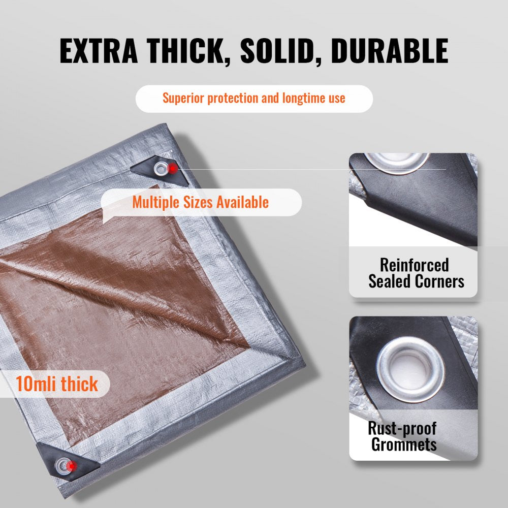 VEVOR Tarp Heavy Duty Waterproof 20x30 ft, Plastic Poly Tarp Cover 10 Mil, Multi Purpose Tear UV and Temperature Resistant Outdoor Tarpaulin with High Durability Reinforced Grommets (Silver/Brown)