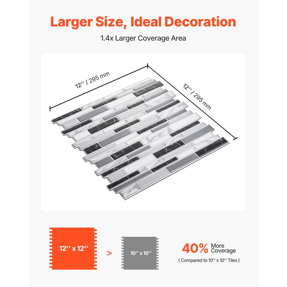 VEVOR Peel and Stick Backsplash 10-Sheet, 12 x 12 x 0.78 inch / 305 x 305 x 2.0 mm Self-Adhesive Wall Tiles, Stick on Subway Tile Backsplash for Kitchen, 3D Back Splashes for Bathroom, Stone-Look