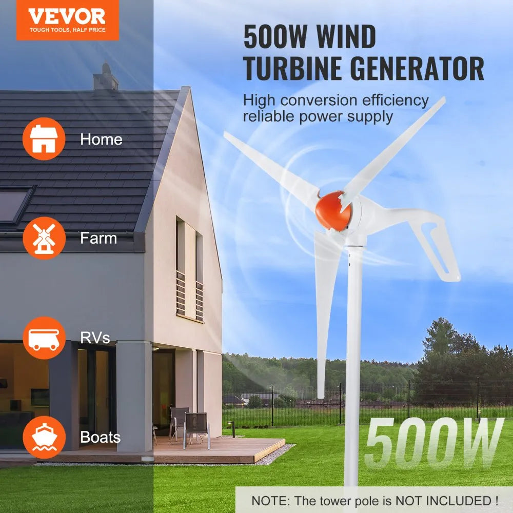 VEVOR 500W Wind Turbine Generator, 24V Wind Turbine Kit, 3-Blade Wind Power Generator with MPPT Controller, Adjustable Windward Direction & 2.5m/s Start Wind Speed, Suitable for Home, Farm, RVs, Boats