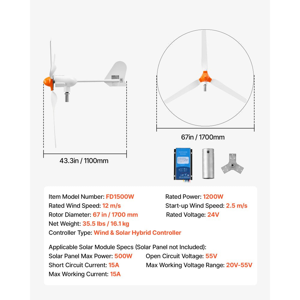 VEVOR 1200W 24V Wind Turbine Generator, 3-Blade Wind Turbine Kit with Wind/Solar Hybrid Controller, Efficient 3-Phase AC Permanent Wind Power Generator for RV Boat Home Farm (Tower Pole Not Included)