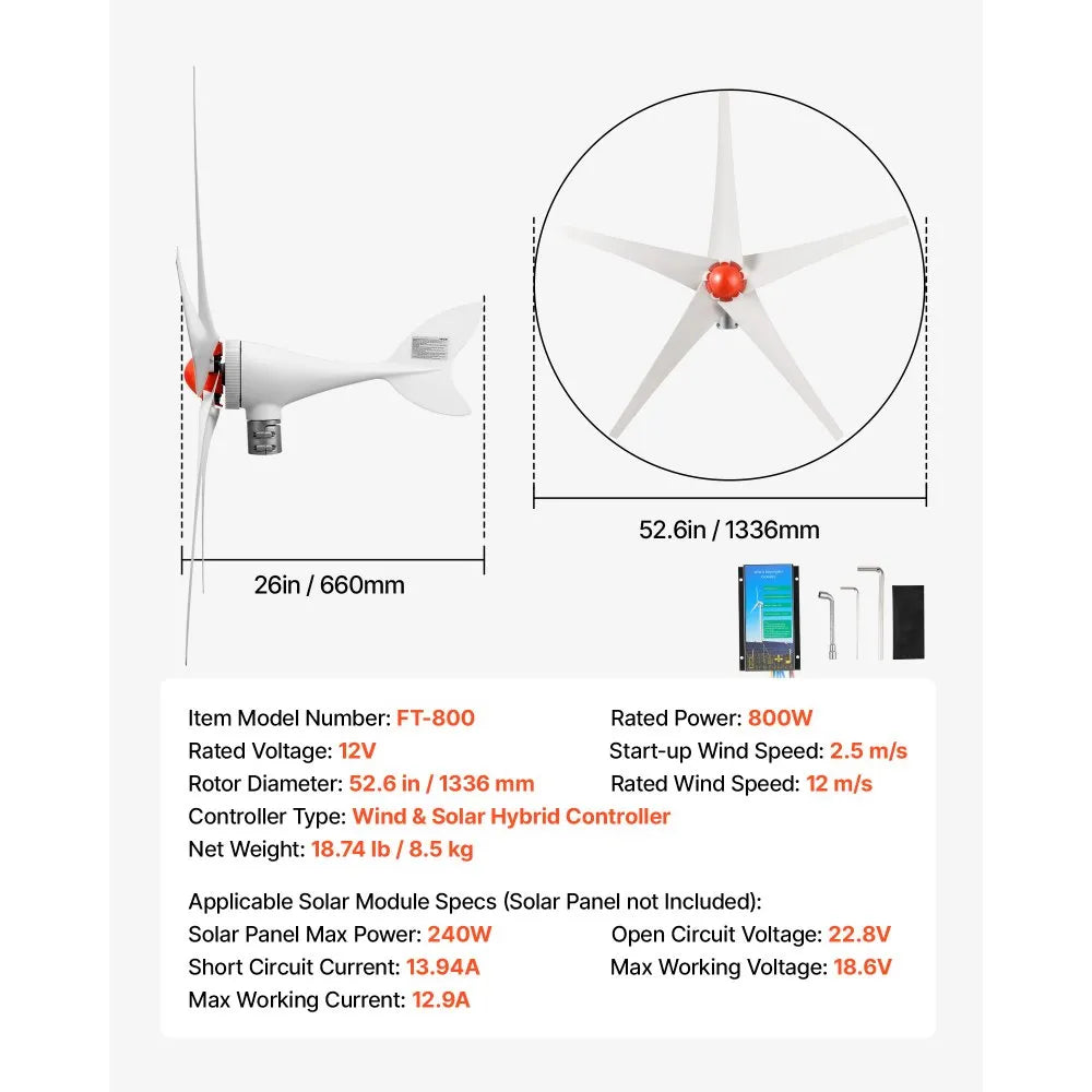 VEVOR 800W 12V Wind Turbine Generator, 5-Blade Wind Turbine Kit with Wind & Solar Hybrid Controller, Efficient 3-Phase AC Permanent Wind Power Generator for RV Boat Home Farm (Tower Pole Not Included)
