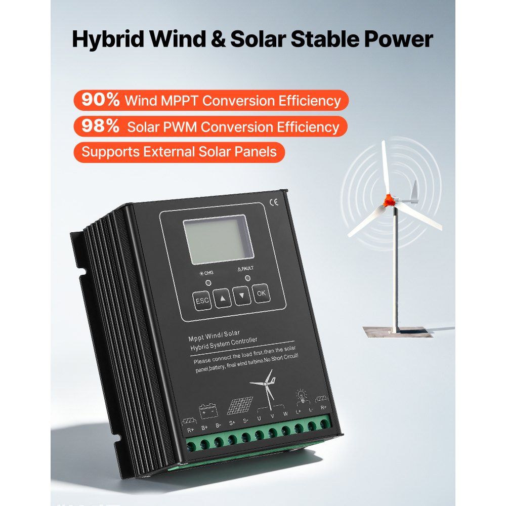 VEVOR 1500W 24V Wind Turbine Generator, 3-Blade Wind Turbine Kit with Wind/Solar Hybrid Controller, Efficient 3-Phase AC Permanent Wind Power Generator for RV Boat Home Farm (Tower Pole Not Included)