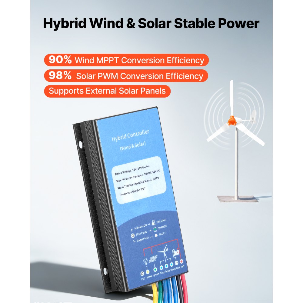 VEVOR 1000W 12V Wind Turbine Generator, 3-Blade Wind Turbine Kit with Wind/Solar Hybrid Controller, Efficient 3-Phase AC Permanent Wind Power Generator for RV Boat Home Farm (Tower Pole Not Include)