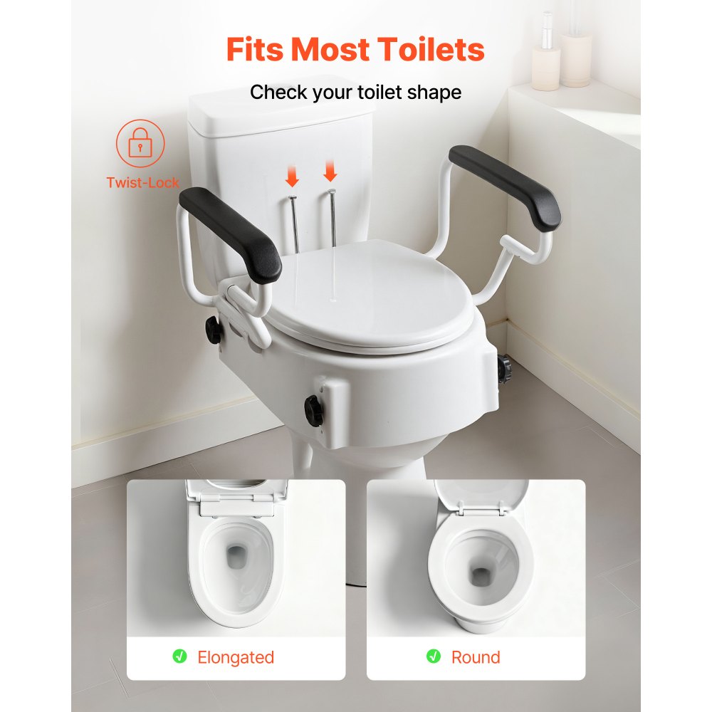 VEVOR Raised Toilet Seat with Arms, 300 lbs Load Capacity, 3-Level Adjustable Height, Widened Commode Elevated Toilet Seat Riser with Padded Handles for Seniors, Elderly, Handicap, Disabled, Adults