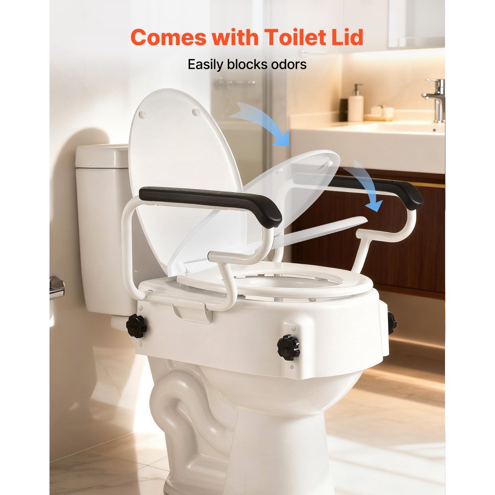 VEVOR Raised Toilet Seat with Arms, 300 lbs Load Capacity, 3-Level Adjustable Height, Widened Commode Elevated Toilet Seat Riser with Padded Handles for Seniors, Elderly, Handicap, Disabled, Adults