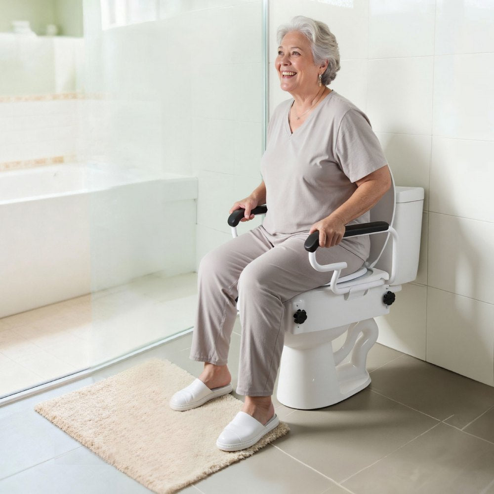 VEVOR Raised Toilet Seat with Arms, 300 lbs Load Capacity, 3-Level Adjustable Height, Widened Commode Elevated Toilet Seat Riser with Padded Handles for Seniors, Elderly, Handicap, Disabled, Adults