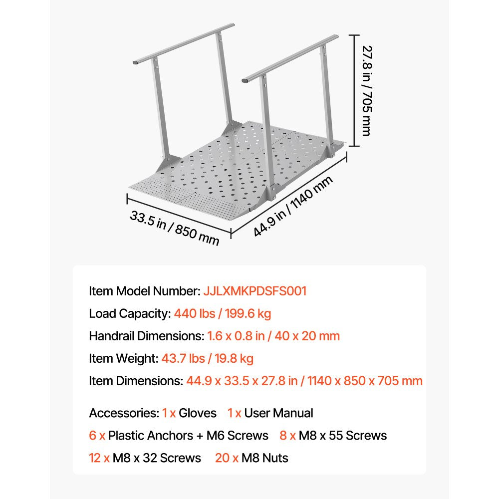 VEVOR Wheelchair Ramp with Handrails, 44.9 x 33.5 in, Heavy Duty Aluminum Handicap Ramp, 440 lbs Capacity, Non-Slip Portable Threshold Ramps for Home Steps, Stairs, Doorways, Curbs, Walkers, Scooters