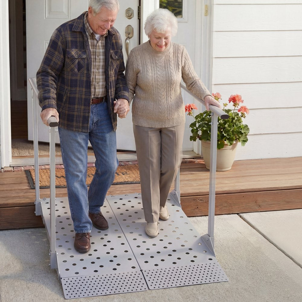VEVOR Wheelchair Ramp with Handrails, 44.9 x 33.5 in, Heavy Duty Aluminum Handicap Ramp, 440 lbs Capacity, Non-Slip Portable Threshold Ramps for Home Steps, Stairs, Doorways, Curbs, Walkers, Scooters