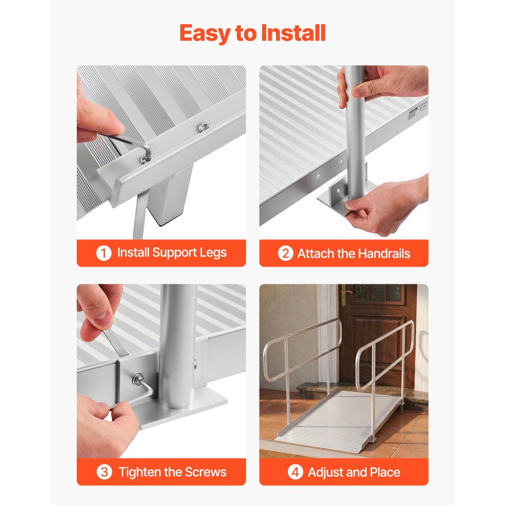 VEVOR Wheelchair Ramp with Handrails, 71.1 x 32.7 in, Heavy Duty Wide Aluminum Wheelchair Ramp with Adjustable Legs, 1000 lbs Capacity, Portable Threshold Ramps for Home Steps, Stairs, Doorways, Curbs