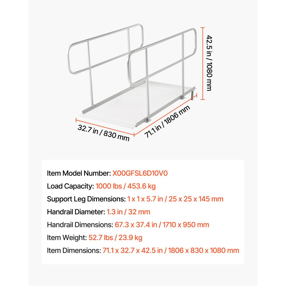 VEVOR Wheelchair Ramp with Handrails, 71.1 x 32.7 in, Heavy Duty Wide Aluminum Wheelchair Ramp with Adjustable Legs, 1000 lbs Capacity, Portable Threshold Ramps for Home Steps, Stairs, Doorways, Curbs