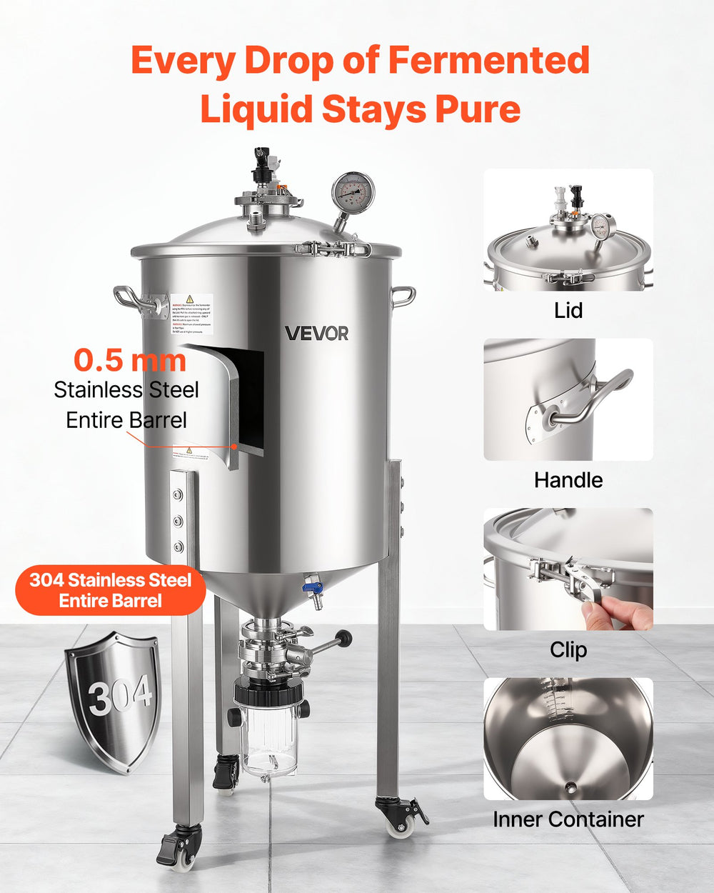 VEVOR Pressure Fermenter 15 PSI, 16 Gal/60L All-in-One Stainless Steel Conical Secondary Fermentation Bucket, with Cooling Tube, Yeast Slurry Collection Bottle, for Wine, Beer Brewing Equipment