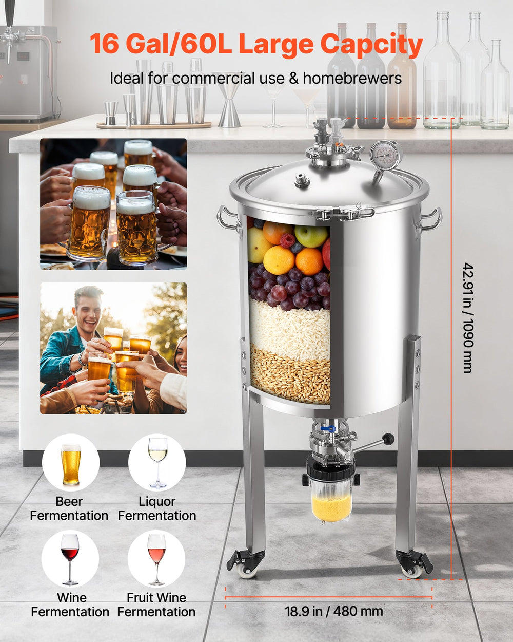 VEVOR Pressure Fermenter 15 PSI, 16 Gal/60L All-in-One Stainless Steel Conical Secondary Fermentation Bucket, with Cooling Tube, Yeast Slurry Collection Bottle, for Wine, Beer Brewing Equipment