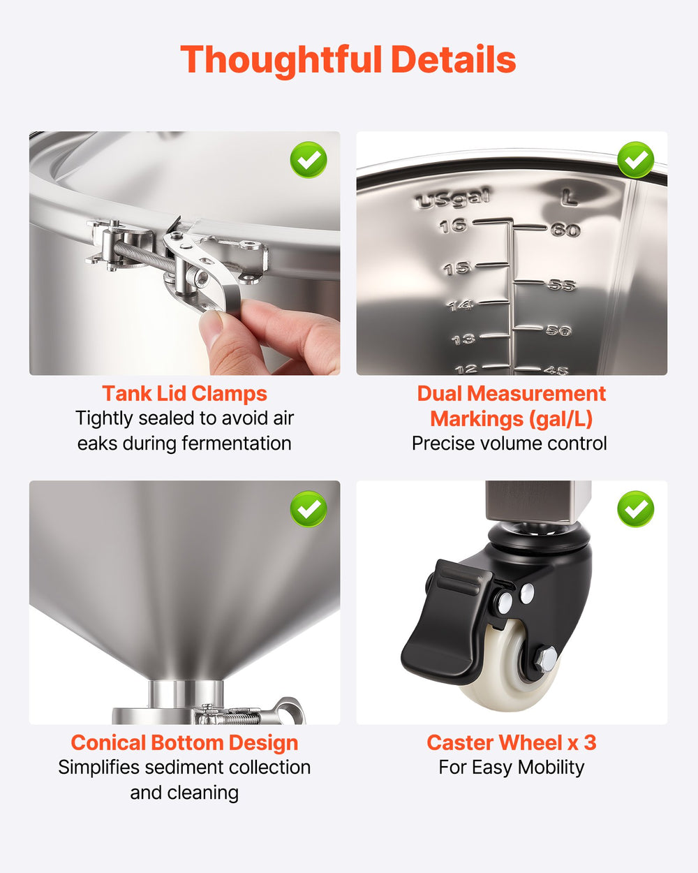 VEVOR Pressure Fermenter 15 PSI, 16 Gal/60L All-in-One Stainless Steel Conical Secondary Fermentation Bucket, with Cooling Tube, Yeast Slurry Collection Bottle, for Wine, Beer Brewing Equipment