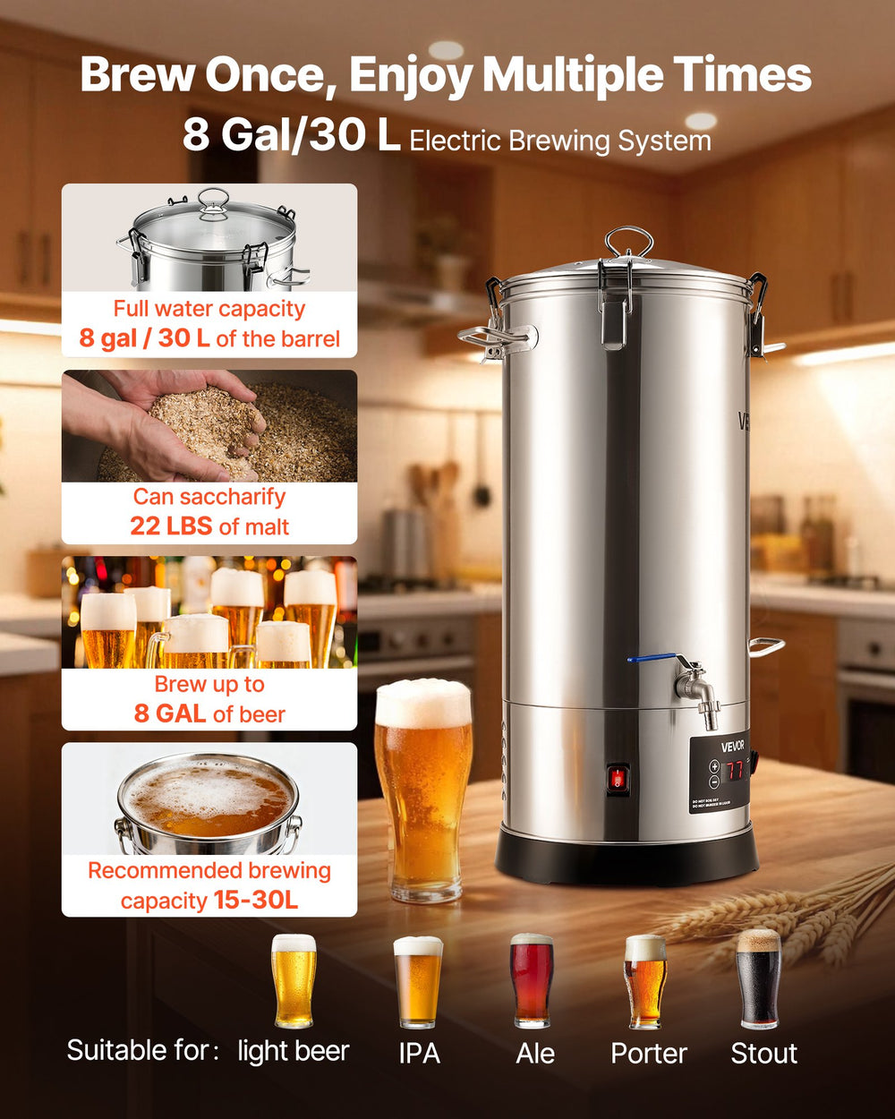 VEVOR Beer Brewing Equipment, 8 Gal/30L 304 Stainless Steel Home Beer Brewer,1500W All-in-One Home Brewing Kit with Tall strainer, Integrated Inner Barrel & Reinforced Handle