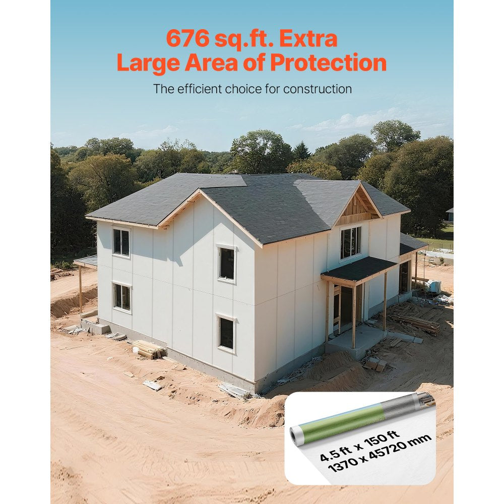 VEVOR House Wrap, 4.5 x 150 ft, 0.13 mm Thick Vapor Barrier, Heavy Duty Plastic Sheeting for Tear-resistant, Drop Cloth Vapor Barrier Covering for Residential & Commercial Construction, White