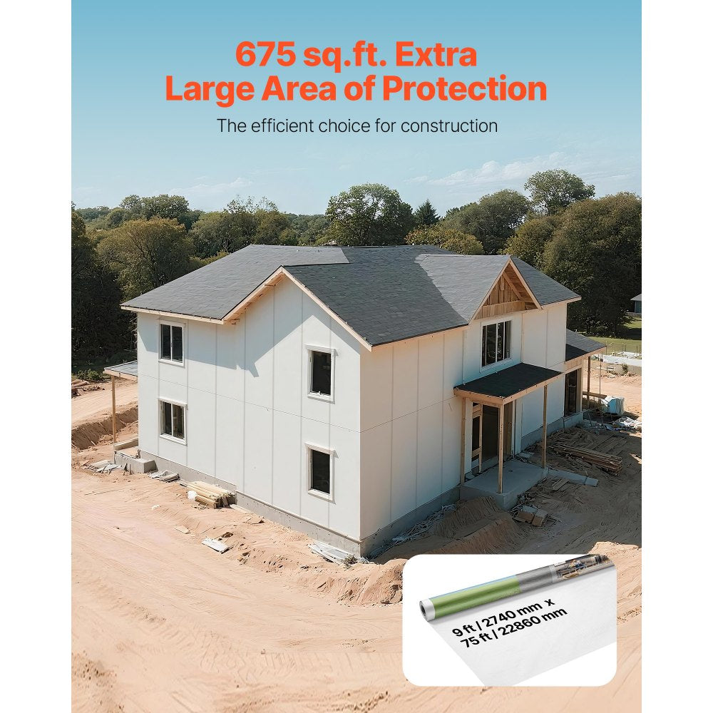 VEVOR House Wrap, 9 x 75 ft, 0.13 mm Thick Vapor Barrier, Heavy Duty Plastic Sheeting for Tear-resistant, Drop Cloth Vapor Barrier Covering for Residential & Commercial Construction, White