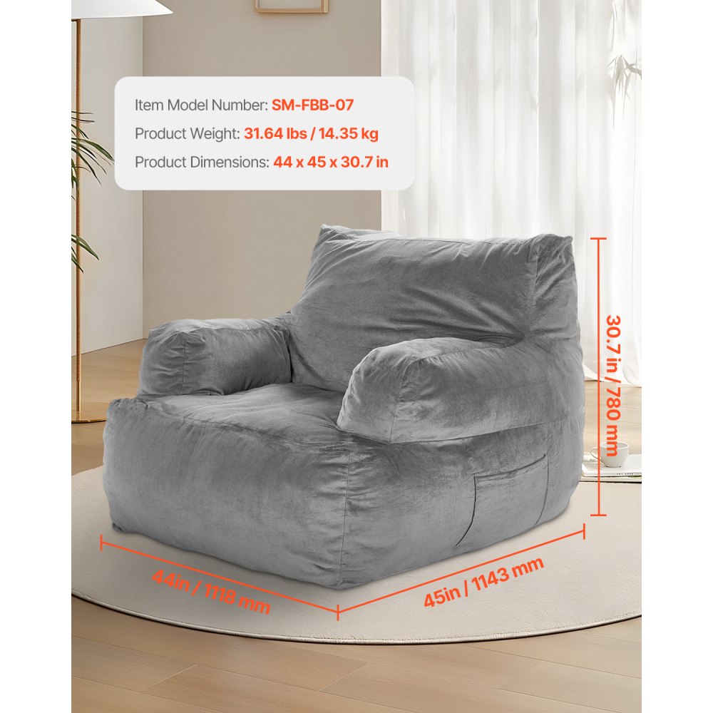VEVOR Bean Bag Chair, BeanBag Sofa Chair with Armrests for Adults, Fluffy Plush & High-Density Foam Filling Adult Bean Bag with Zapper, Comfy Lazy Sofa Chair Ideal for Living Room, Bedroom, Grey